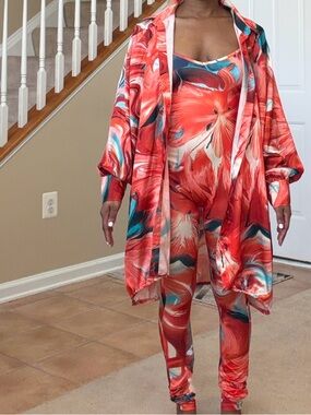 Vibrant Red Floral Jumpsuit & Duster Set